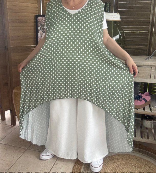 Maxi-tunique plissée asymétrique kaki clair pois blancs du 42 au 56/58