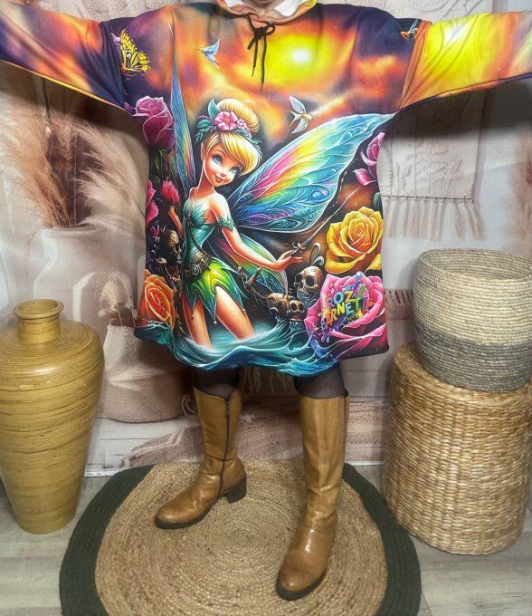 Robe-sweat trapèze à capuche multicolore Fée Clochette Tattoo du 40 au 50/52  