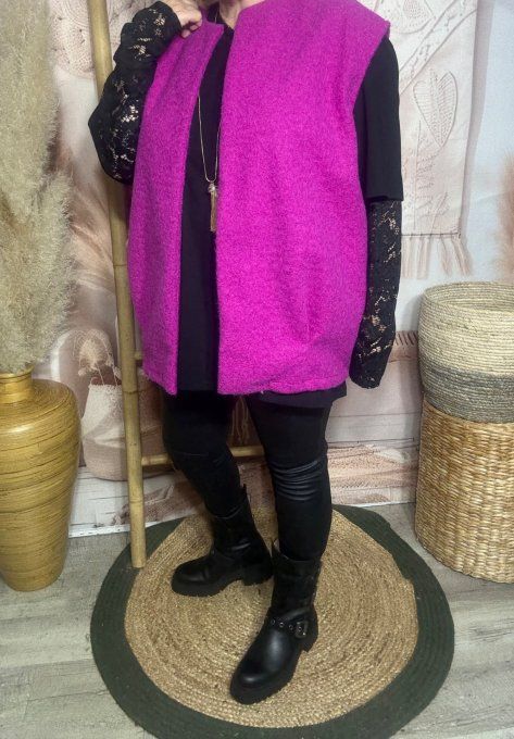 Veste sans manches façon laine bouillie rose fuchia chiné du 40 au 50/52