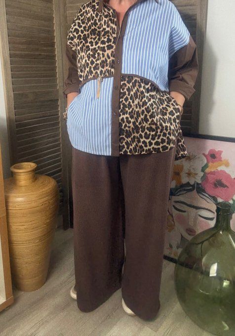 Chemise ample chocolat Chambray rayé et Léopard du 38 au 48 