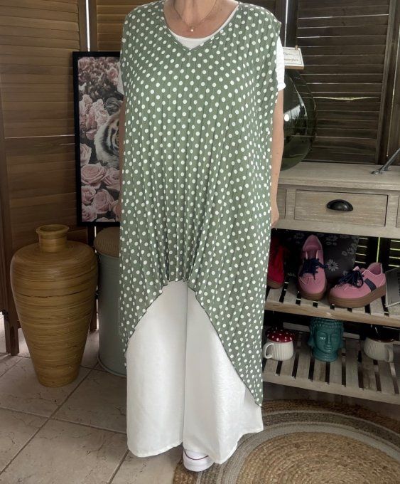 Maxi-tunique plissée asymétrique kaki clair pois blancs du 42 au 56/58