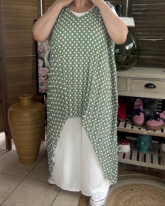 Maxi-tunique plissée asymétrique kaki clair pois blancs du 42 au 56/58