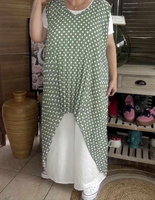 Maxi-tunique plissée asymétrique kaki clair pois blancs du 42 au 56/58
