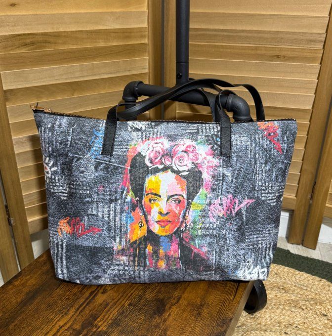 Grand sac besace + pochette suédine effet jeans & simili-cuir Frida Kahlo qualité ++++