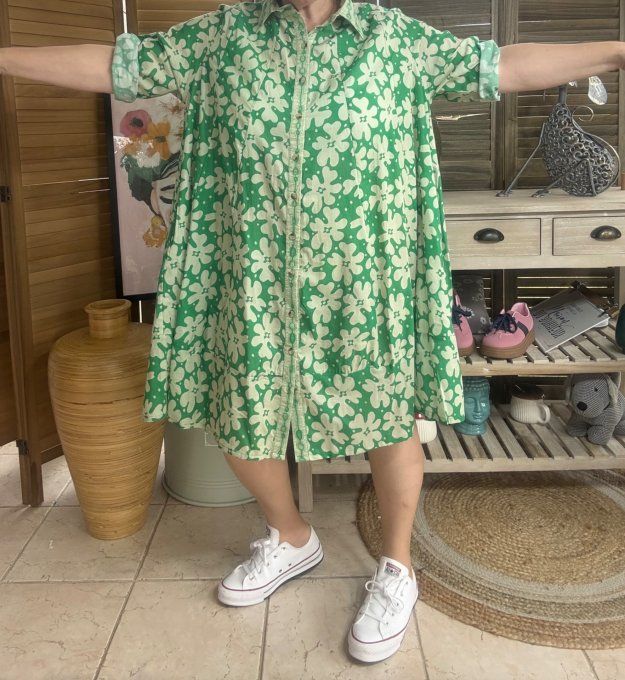 Robe-chemise courte trapèze vert Gucci et Fleurs crème du 40 au 48/50 