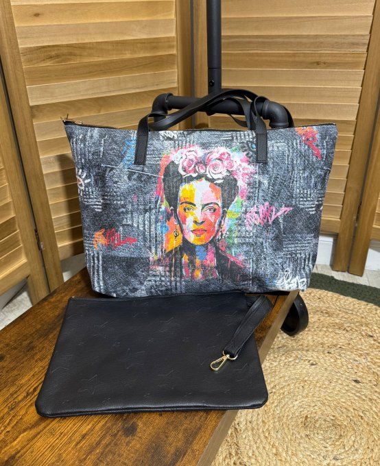 Grand sac besace + pochette suédine effet jeans & simili-cuir Frida Kahlo qualité ++++