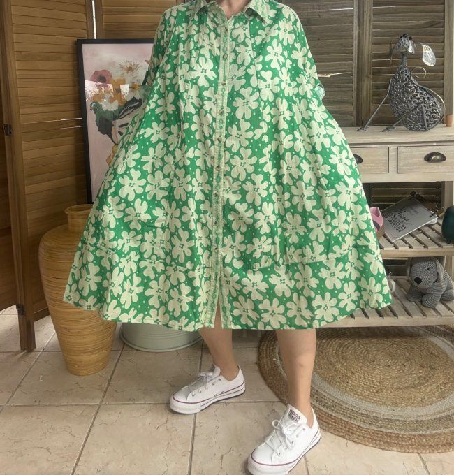 Robe-chemise courte trapèze vert Gucci et Fleurs crème du 40 au 48/50 