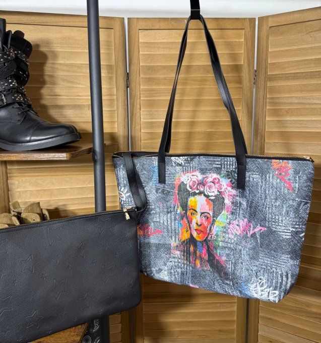 Grand sac besace + pochette suédine effet jeans & simili-cuir Frida Kahlo qualité ++++