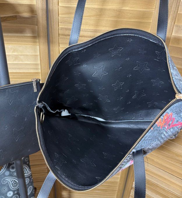 Grand sac besace + pochette suédine effet jeans & simili-cuir Frida Kahlo qualité ++++