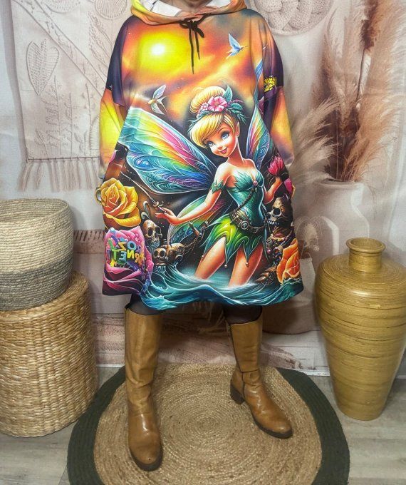 Robe-sweat trapèze à capuche multicolore Fée Clochette Tattoo du 40 au 50/52  