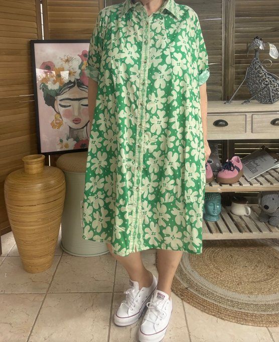 Robe-chemise courte trapèze vert Gucci et Fleurs crème du 40 au 48/50 