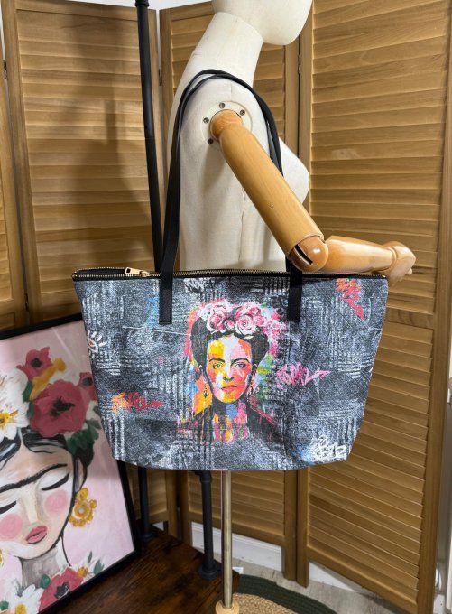 Grand sac besace + pochette suédine effet jeans & simili-cuir Frida Kahlo qualité ++++