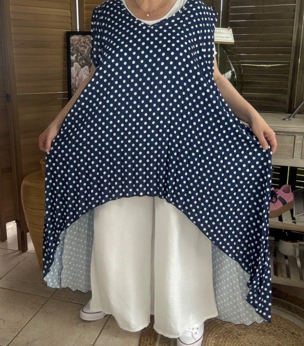Maxi-tunique plissée asymétrique marine pois blancs du 42 au 56/58