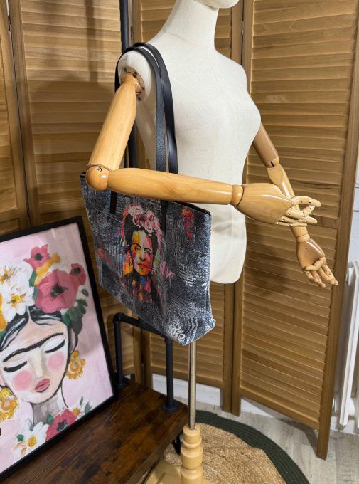 Grand sac besace + pochette suédine effet jeans & simili-cuir Frida Kahlo qualité ++++