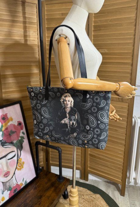 Grand sac besace + pochette suédine & simili-cuir Marylin Monroe & Doberman qualité ++++ 