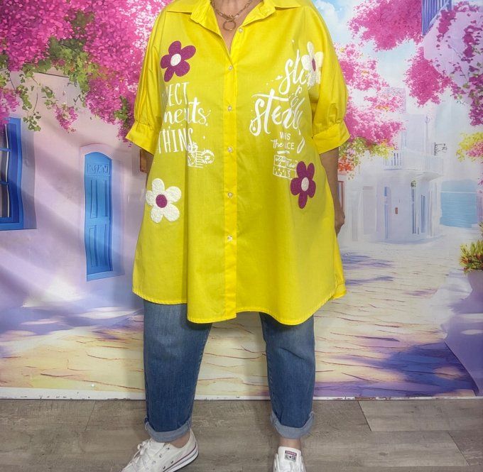 Chemise oversize asymétrique jaune Marguerites Fuschia du 42 au 54/56 
