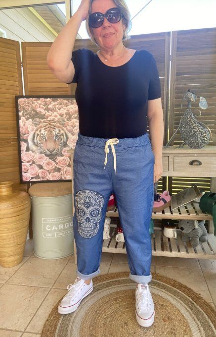 panta jogg  (dit magique) jeans stone fin Mexican Skulls Calavera strass argentés du 38 au 48