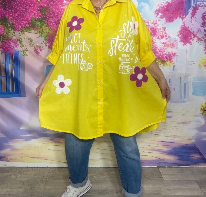 Chemise oversize asymétrique jaune Marguerites Fuschia du 42 au 54/56 
