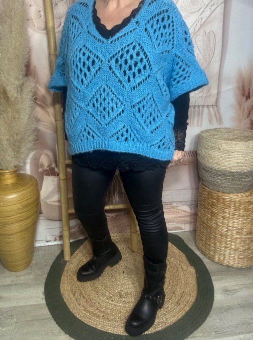 Pull asymétrique ample SANS LAINE maille crochet Bohème Bleu cyan douceur ++ du 40 au 52