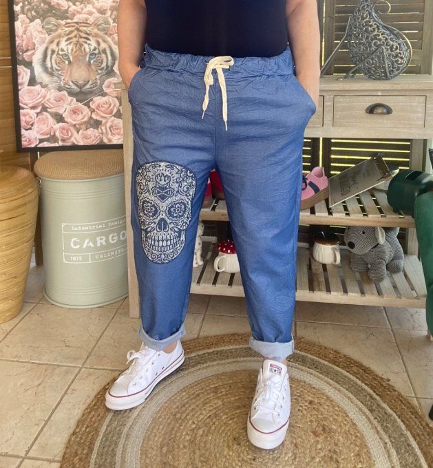 panta jogg  (dit magique) jeans stone fin Mexican Skulls Calavera strass argentés du 38 au 48