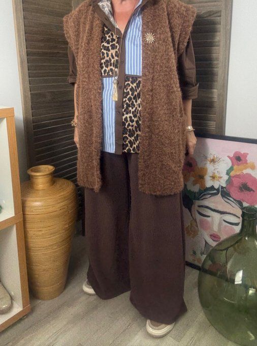 Chemise ample chocolat Chambray rayé et Léopard du 38 au 48 