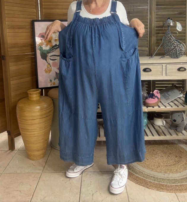 Salopette ample Jeans fin Tencel Stone bretelles réglables du 40 au 50/52 