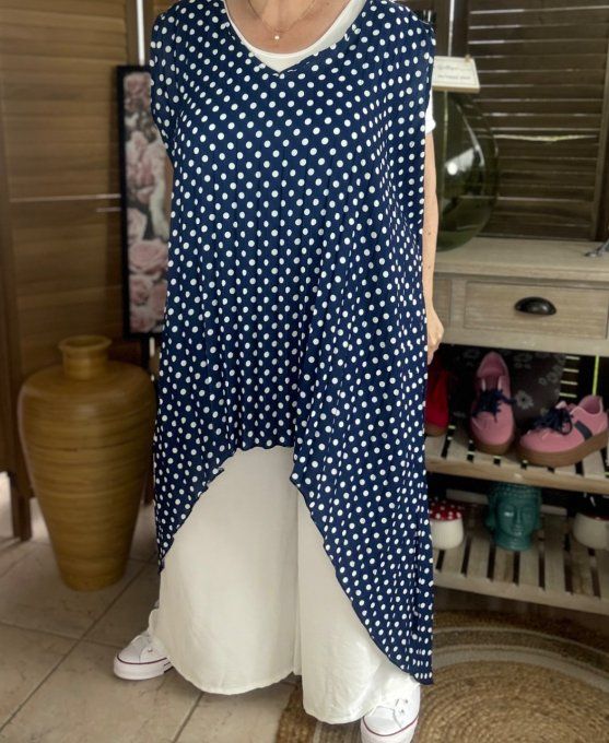 Maxi-tunique plissée asymétrique marine pois blancs du 42 au 56/58