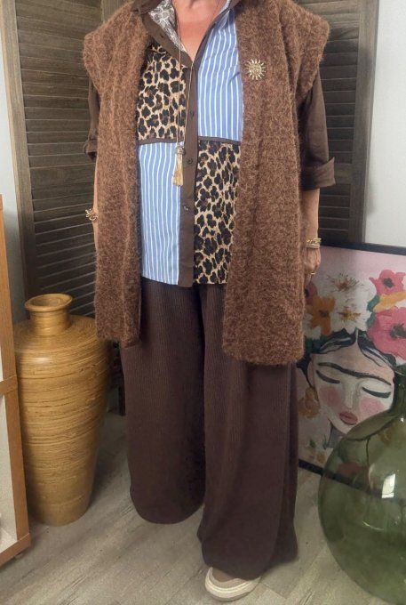 Chemise ample chocolat Chambray rayé et Léopard du 38 au 48 