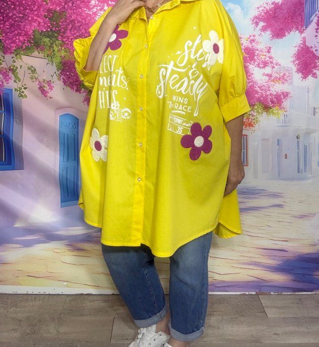 Chemise oversize asymétrique jaune Marguerites Fuschia du 42 au 54/56 