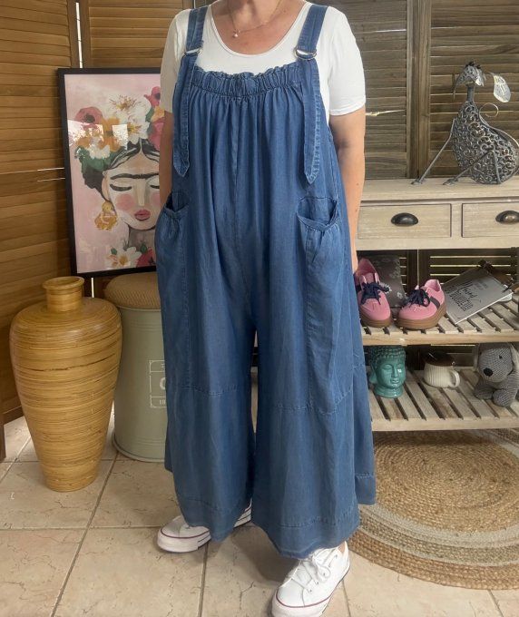 Salopette ample Jeans fin Tencel Stone bretelles réglables du 40 au 50/52 