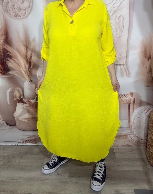 Robe longue jaune citron col polo manches réglables Les Basiques du Dressing du 38 au 46
