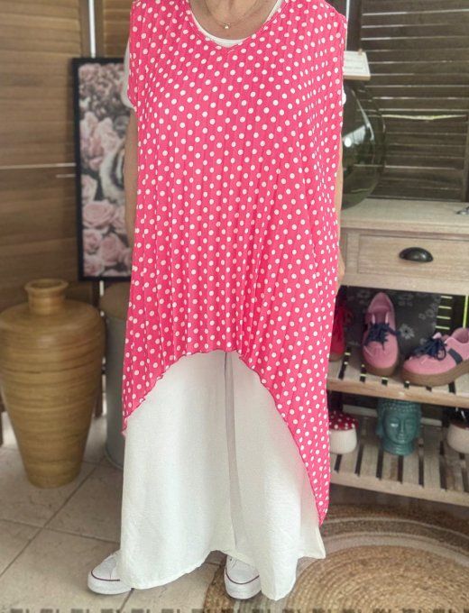 Maxi-tunique plissée asymétrique fuschia pois blancs du 42 au 56/58