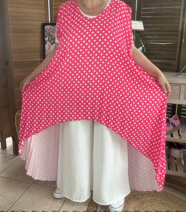 Maxi-tunique plissée asymétrique fuschia pois blancs du 42 au 56/58