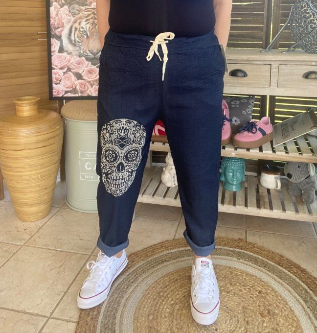 panta jogg  (dit magique) jeans brut fin Mexican Skulls Calavera strass argentés du 38 au 48