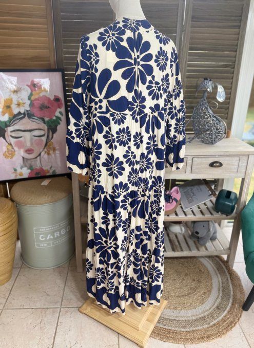 Robe longue trapèze volantée marine & beige Bohème Chic du 38 au 48