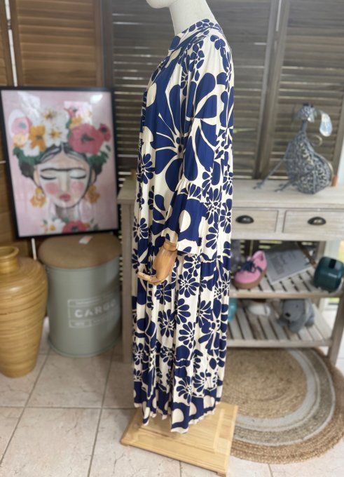 Robe longue trapèze volantée marine & beige Bohème Chic du 38 au 48