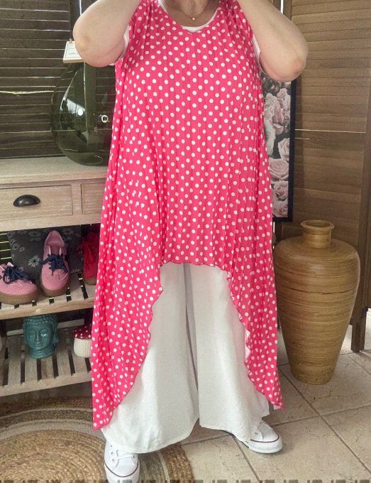 Maxi-tunique plissée asymétrique fuschia pois blancs du 42 au 56/58