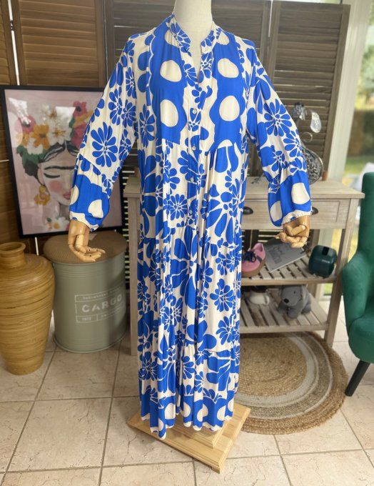 Robe longue trapèze volantée bleu royal & beige Bohème Chic du 38 au 48 