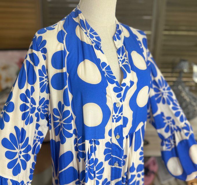 Robe longue trapèze volantée bleu royal & beige Bohème Chic du 38 au 48 