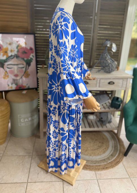 Robe longue trapèze volantée bleu royal & beige Bohème Chic du 38 au 48 