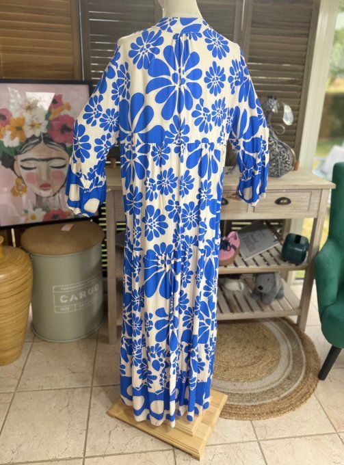 Robe longue trapèze volantée bleu royal & beige Bohème Chic du 38 au 48 