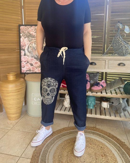 panta jogg  (dit magique) jeans brut fin Mexican Skulls Calavera strass argentés du 38 au 48