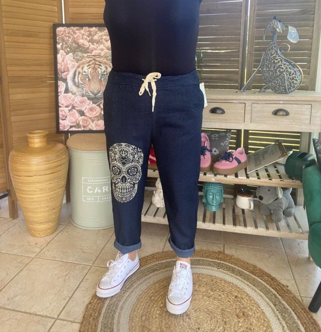 panta jogg  (dit magique) jeans brut fin Mexican Skulls Calavera strass argentés du 38 au 48