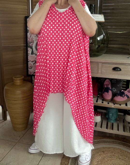 Maxi-tunique plissée asymétrique fuschia pois blancs du 42 au 56/58