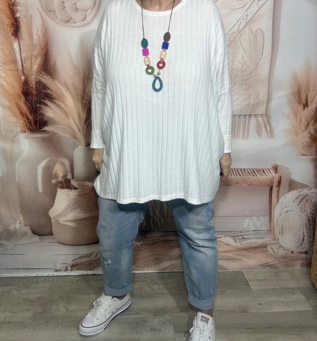 Tunique oversize côtelée blanche + collier douceur +++  du 42 au 58/60 et même +  