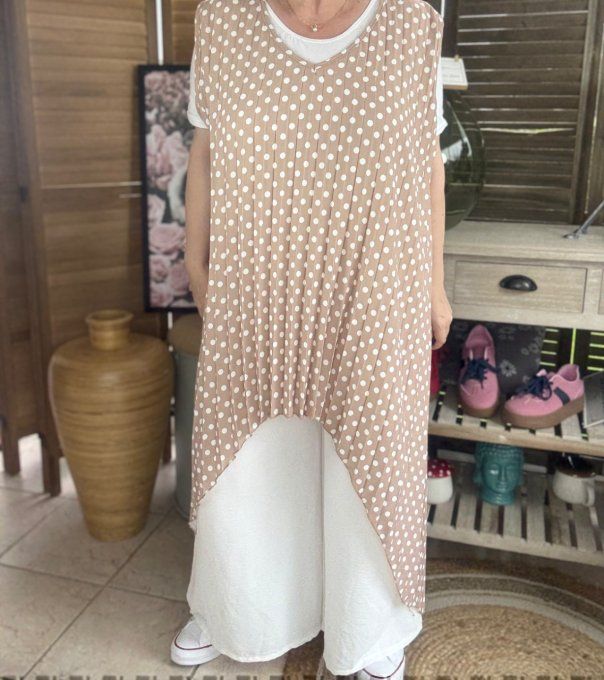Maxi-tunique plissée asymétrique taupe clair pois blancs du 42 au 56/58