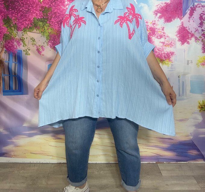 Chemise cannelée oversize asymétrique bleu pastel Palmiers Fuschia du 42 au 54/56 