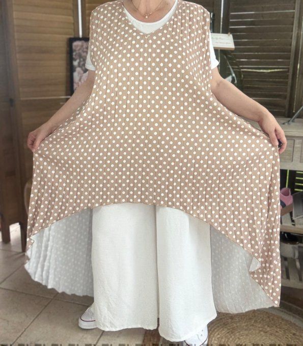 Maxi-tunique plissée asymétrique taupe clair pois blancs du 42 au 56/58