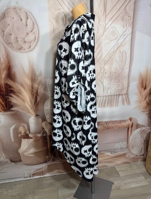 Maxi-chemise trapèze asymétrique noire Skulls Calaveras blanches du 40 au 50 et même +