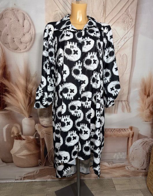 Maxi-chemise trapèze asymétrique noire Skulls Calaveras blanches du 40 au 50 et même +